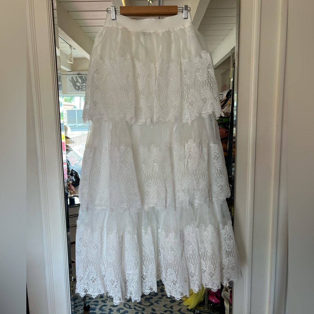 Aura White Lace Tiered Maxi Skirt